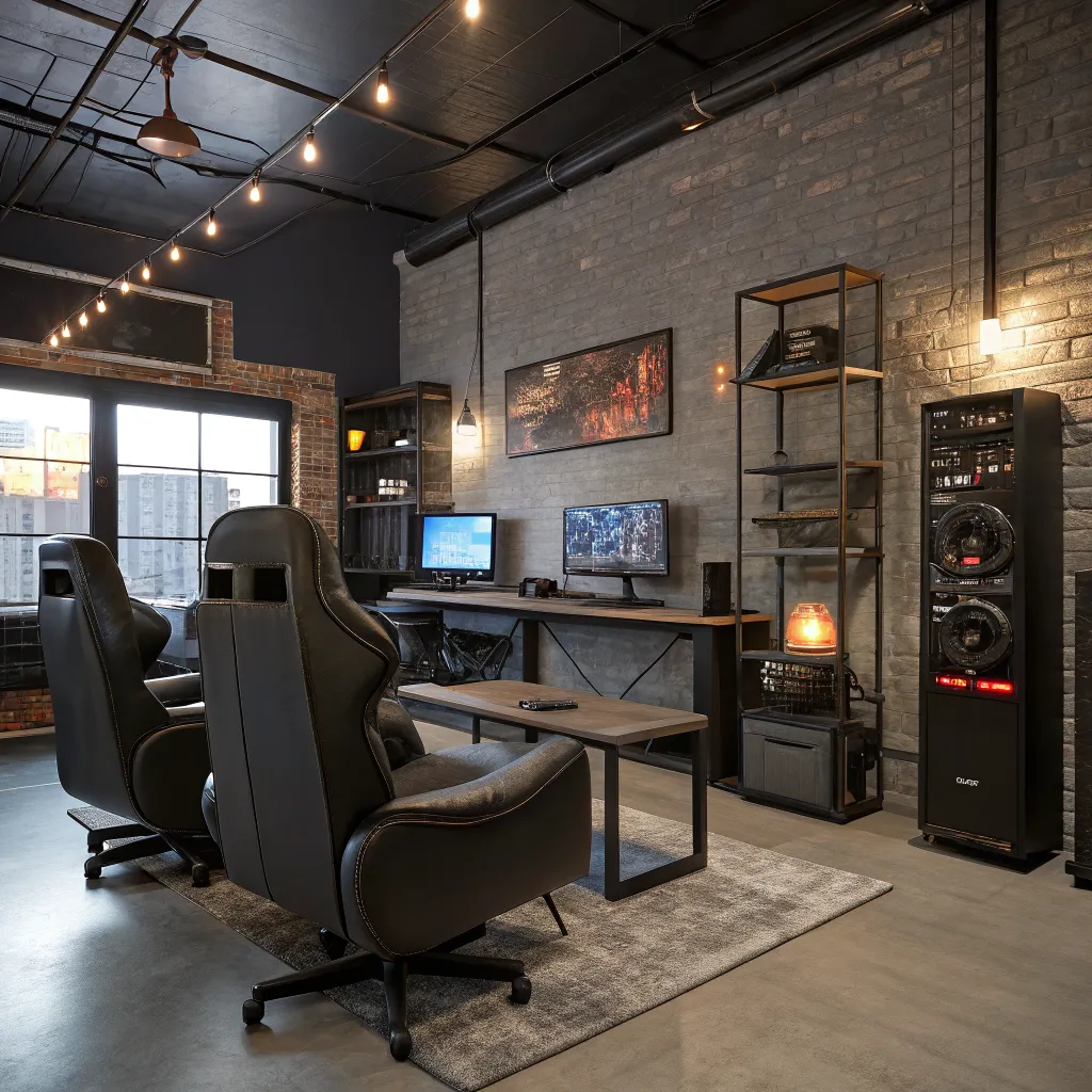 Industrial style PC and console gaming lounge